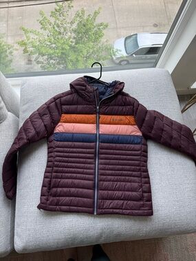 Cotopaxi Fuego Down Hooded Jacket - Maroon with Orange & Navy Stripe